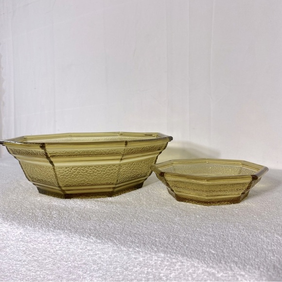 Vintage Anchor Hocking Textured Amber Glass Octagonal Chip & Dip Bowl Set - Picture 13 of 14